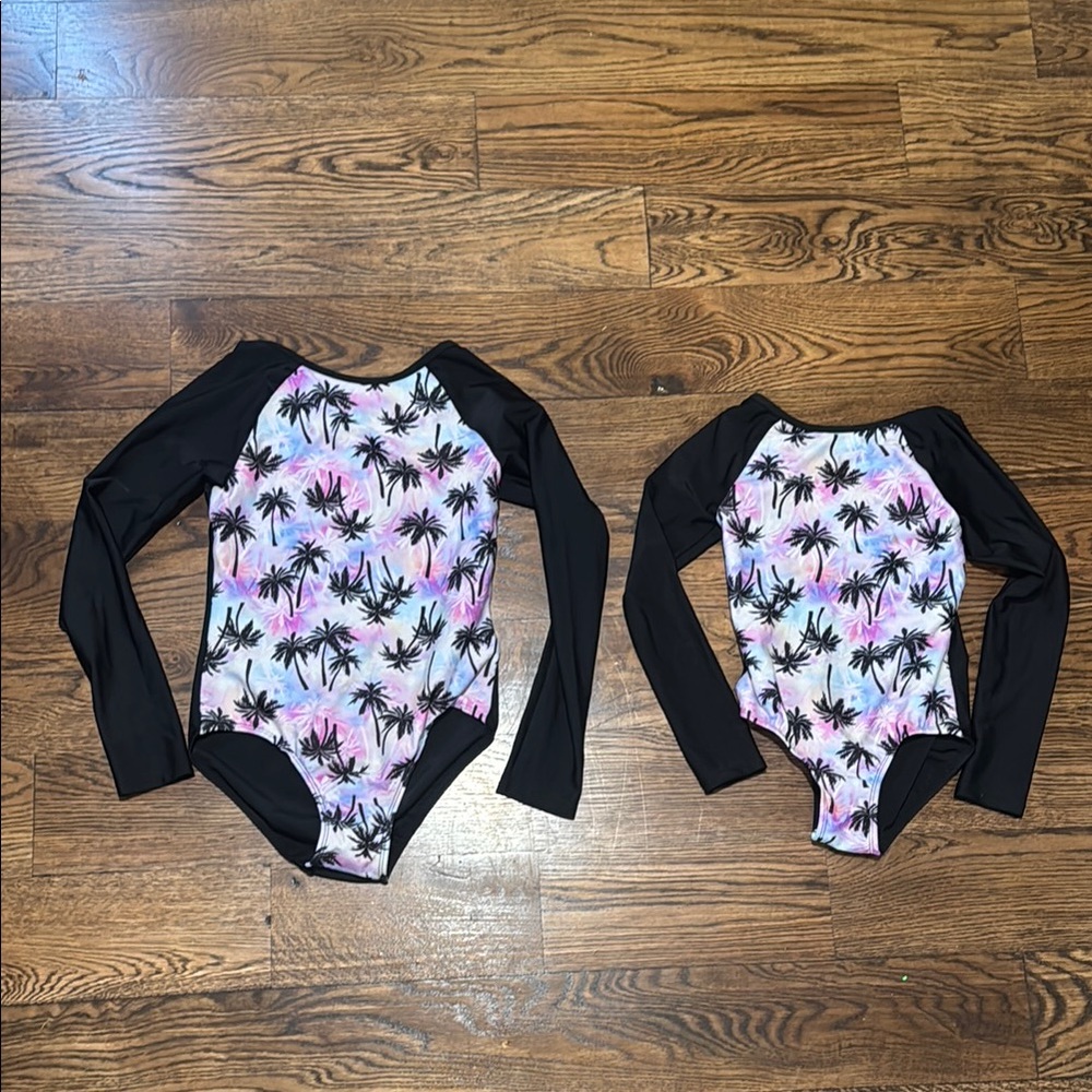 Tropical Palm Print Long Sleeve Swimsuit Set